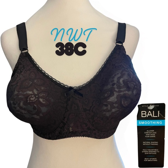 NWT BALI 3432 Black Bra 38C Underwire Semi-Sheer Lace Full Coverage Support - Picture 1 of 12
